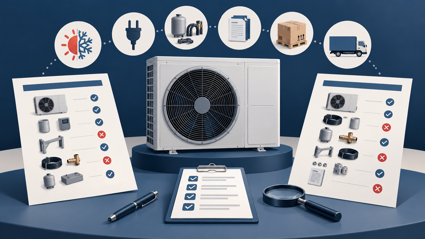 AI-assisted editorial illustration comparing the scope of two generic heat pump quotations