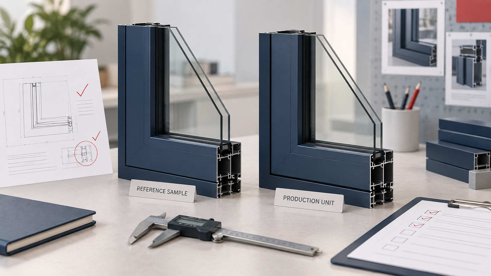 AI-assisted editorial illustration comparing a generic aluminum window reference sample with a production unit