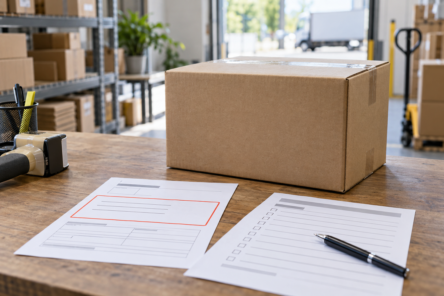 AI-assisted illustration of a plain shipping carton beside blank import and delivery checklists