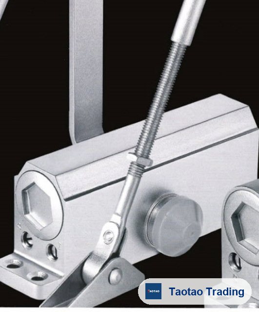 Surface-mounted door closer body with complete link arm, three-quarter view