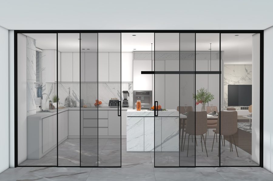 Slim black aluminum glass partition doors in a modern kitchen