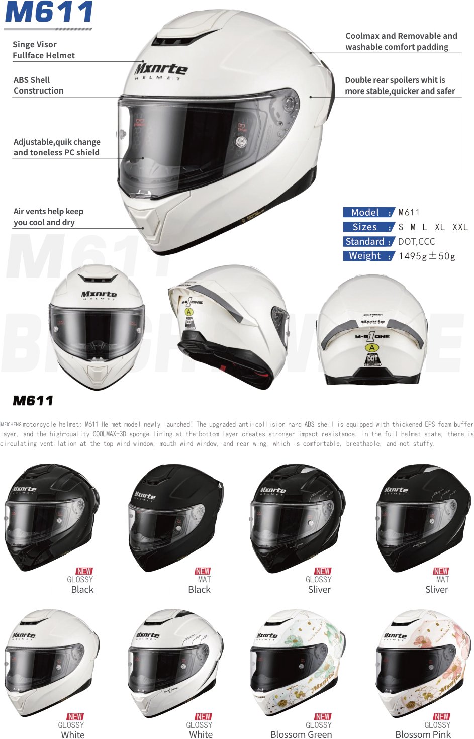M609 Full-face, single visor, double rear spoiler catalogue view 2