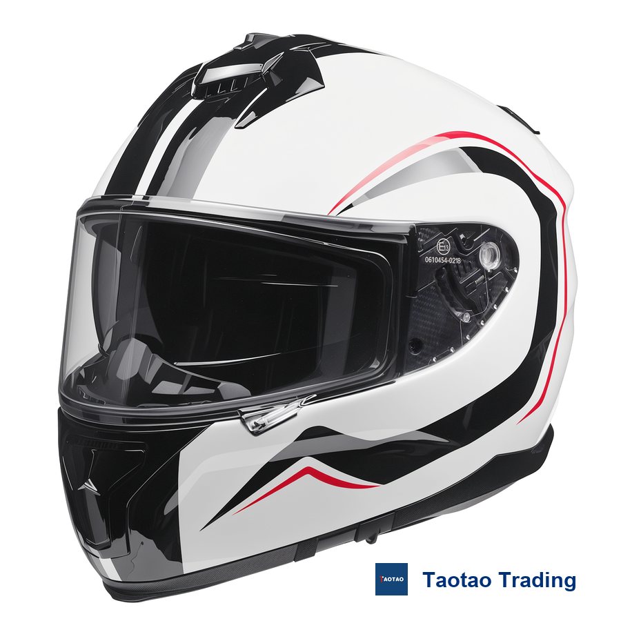 Glossy white full-face motorcycle helmet with dark smoke visor
