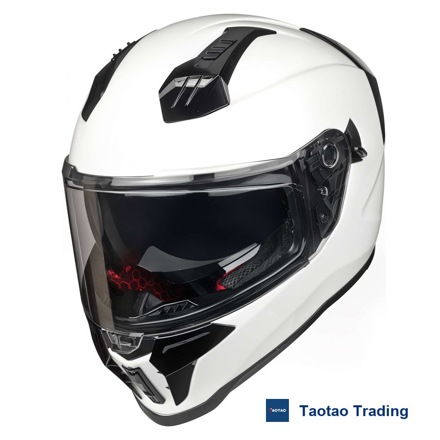 White full-face helmet with black and red racing graphics