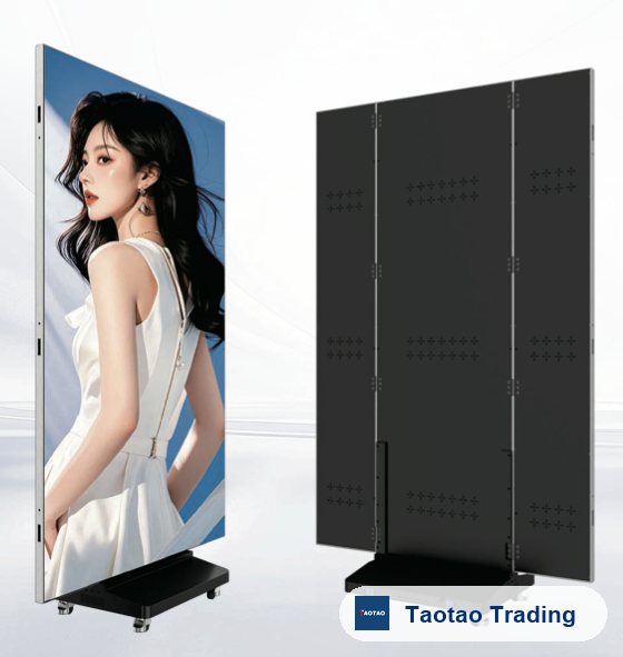 Tri-fold double-sided LED poster display, front and back views