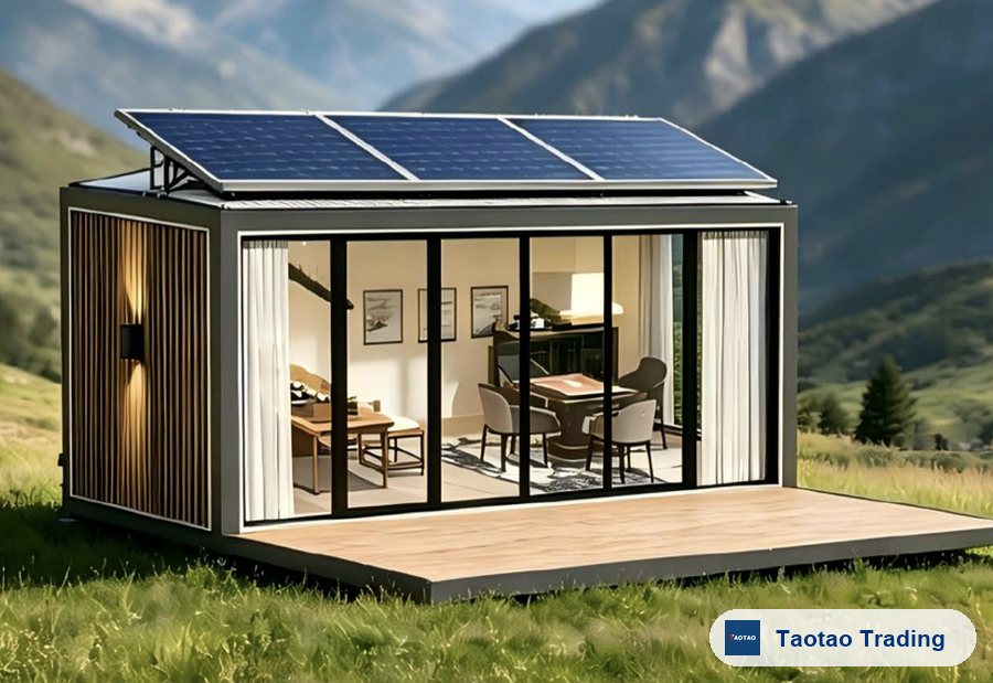 Prefabricated cabin with glass curtain wall, wood cladding and rooftop solar