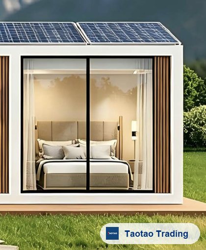Prefabricated modular home bedroom unit with floor-to-ceiling glass walls