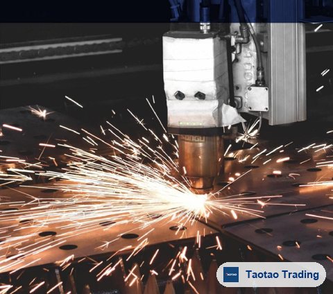 CNC laser cutting of steel plates on a production line