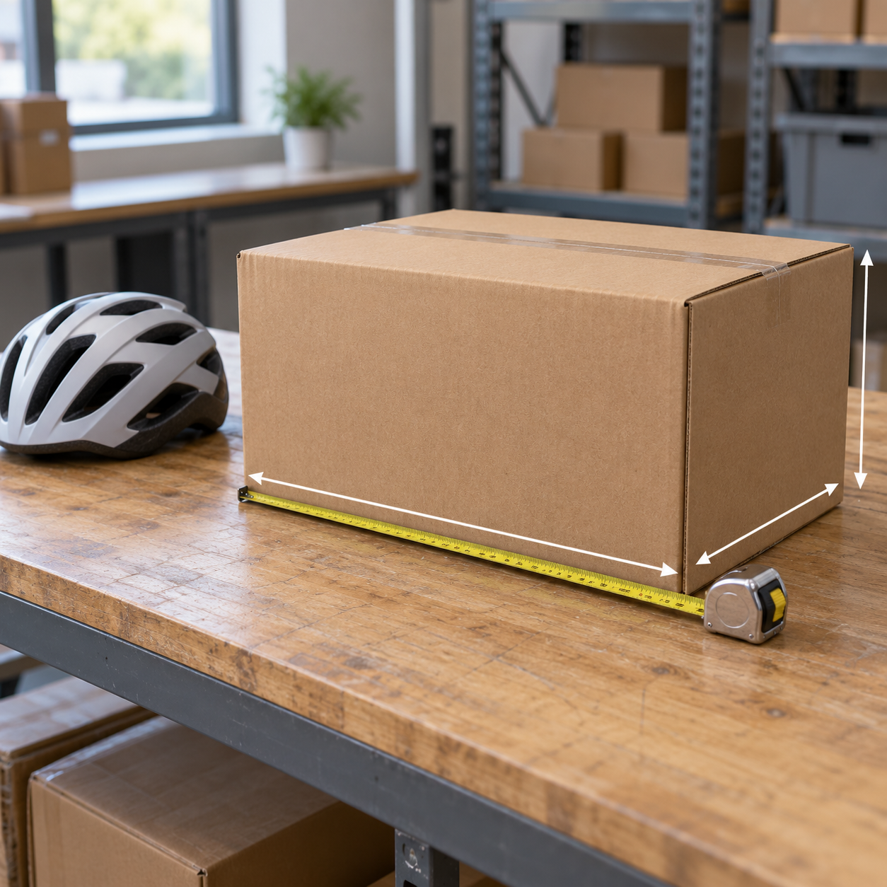 Illustration of a sealed parcel being measured on its outside edges beside a bicycle helmet
